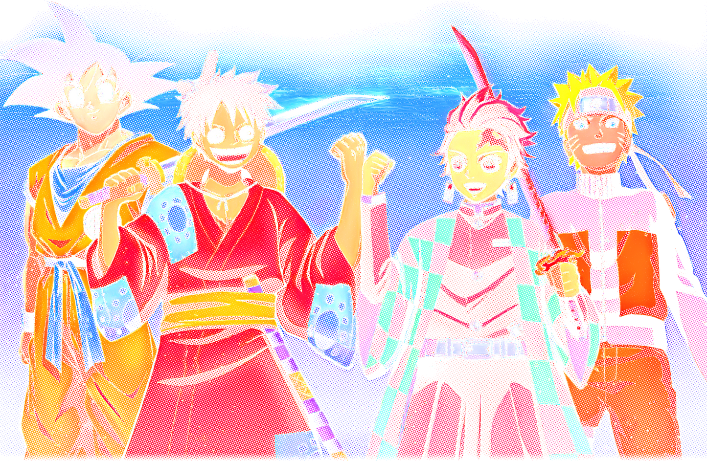 Anime - Anime Crossover Goku Luffy Naruto Demon Slayer Handshake