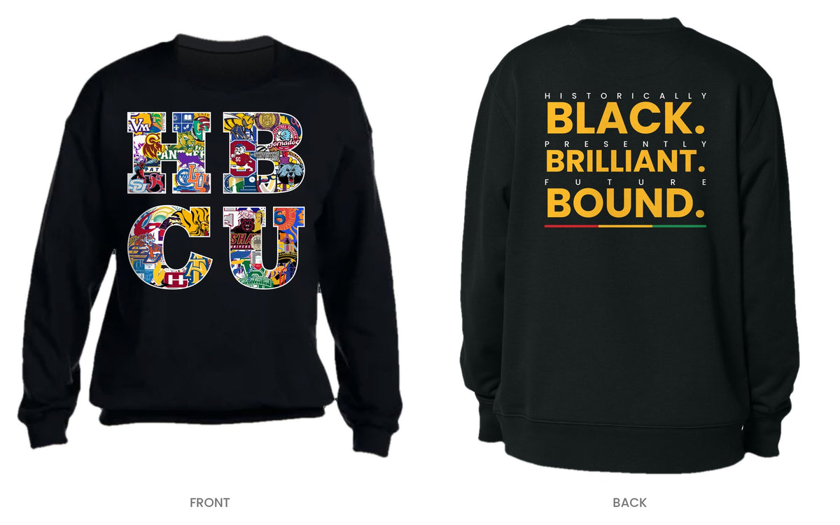 Black crew neck sweatshirt, front and back, design 1