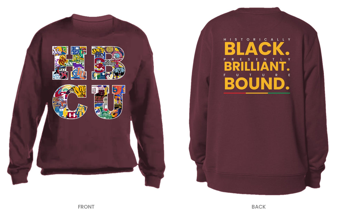 Maroon crew neck sweatshirt, front and back, design 1