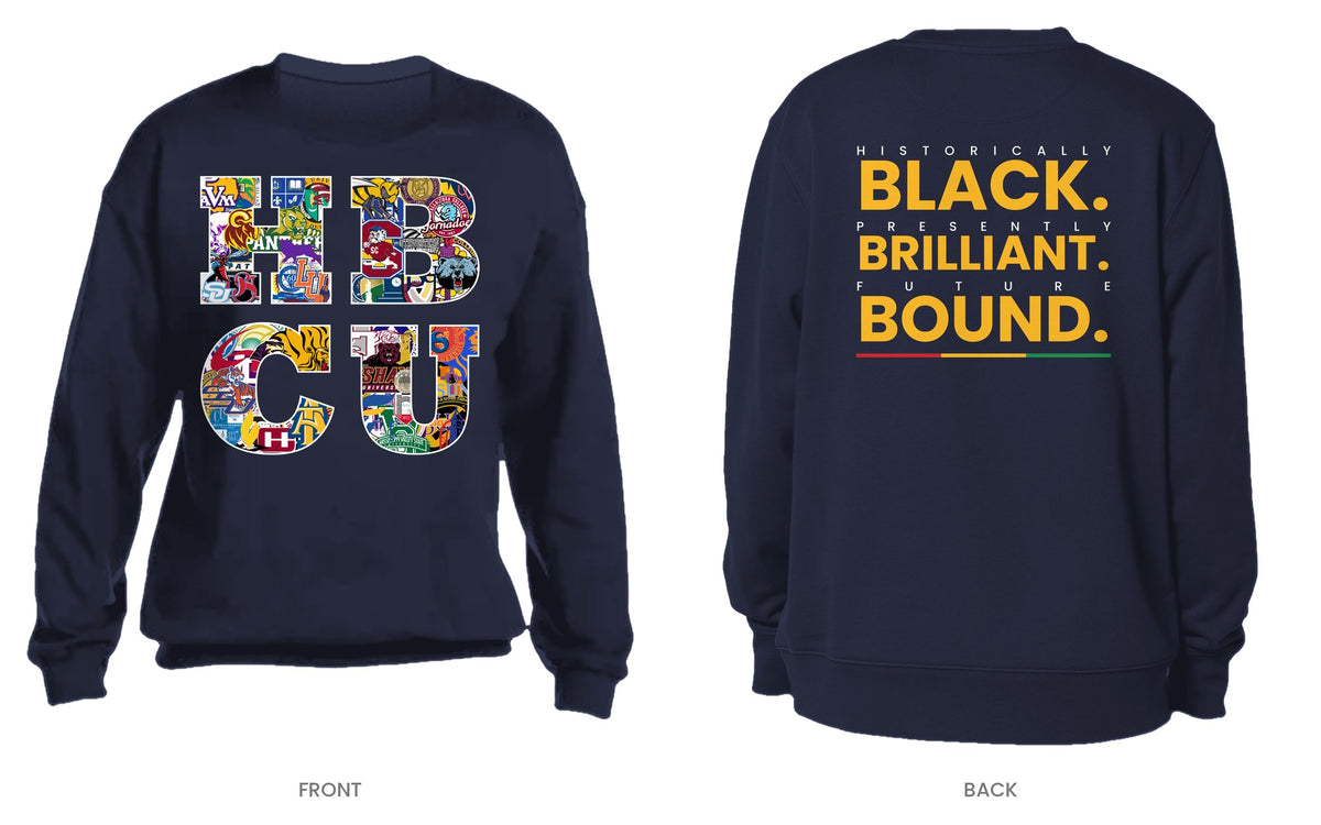Navy crew neck sweatshirt, front and back, design 1