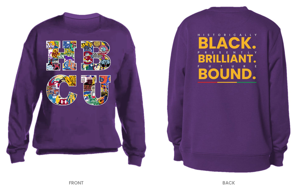 Purple crew neck sweatshirt, front and back, design 1