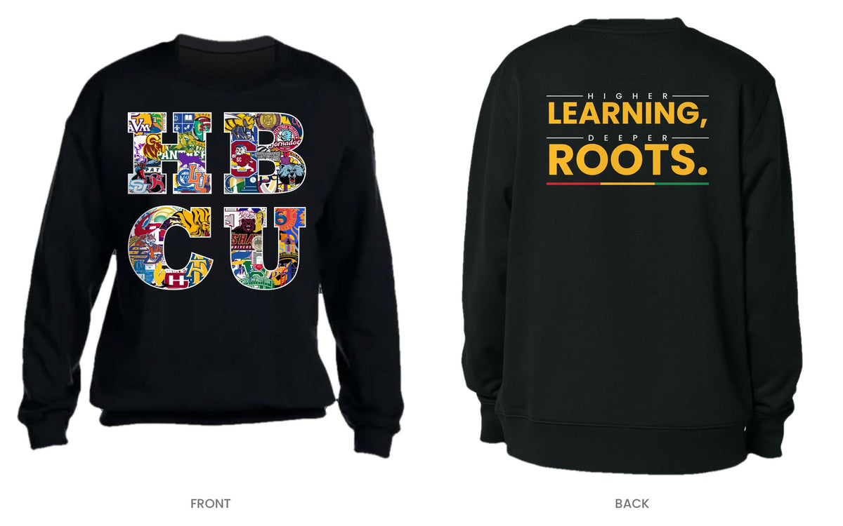 Black crew neck sweatshirt, front and back, design 2