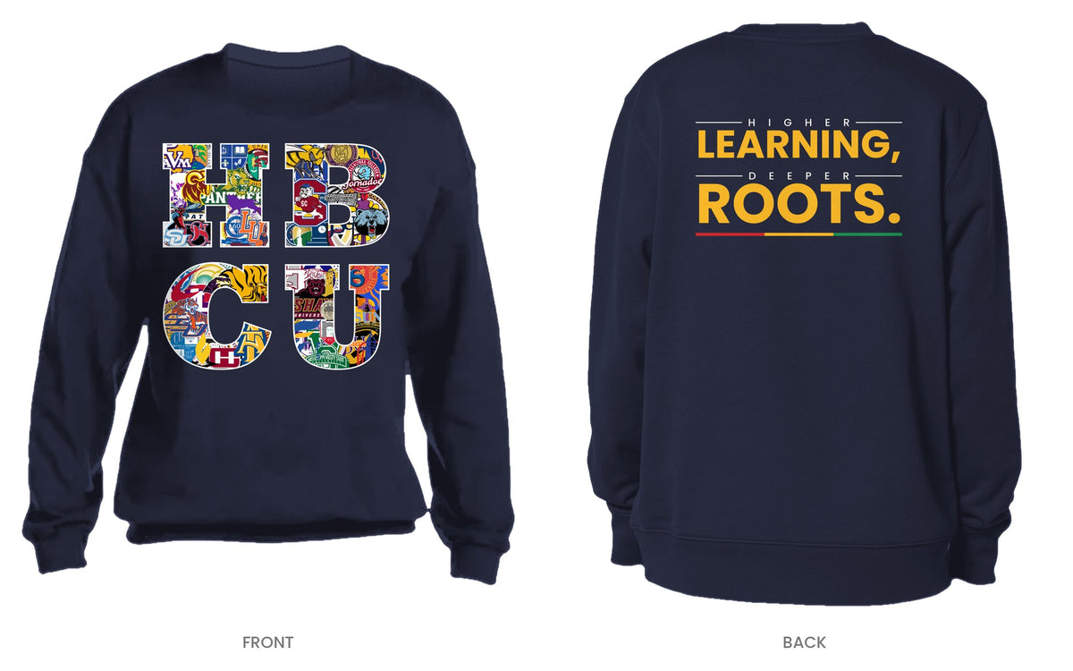 Navy crew neck sweatshirt, front and back, design 2
