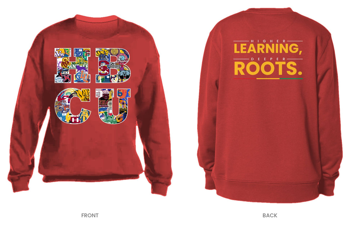 Red crew neck sweatshirt, front and back, design 2