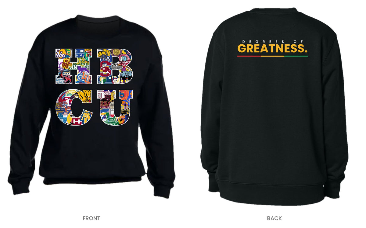 Black crew neck sweatshirt, front and back, design 4