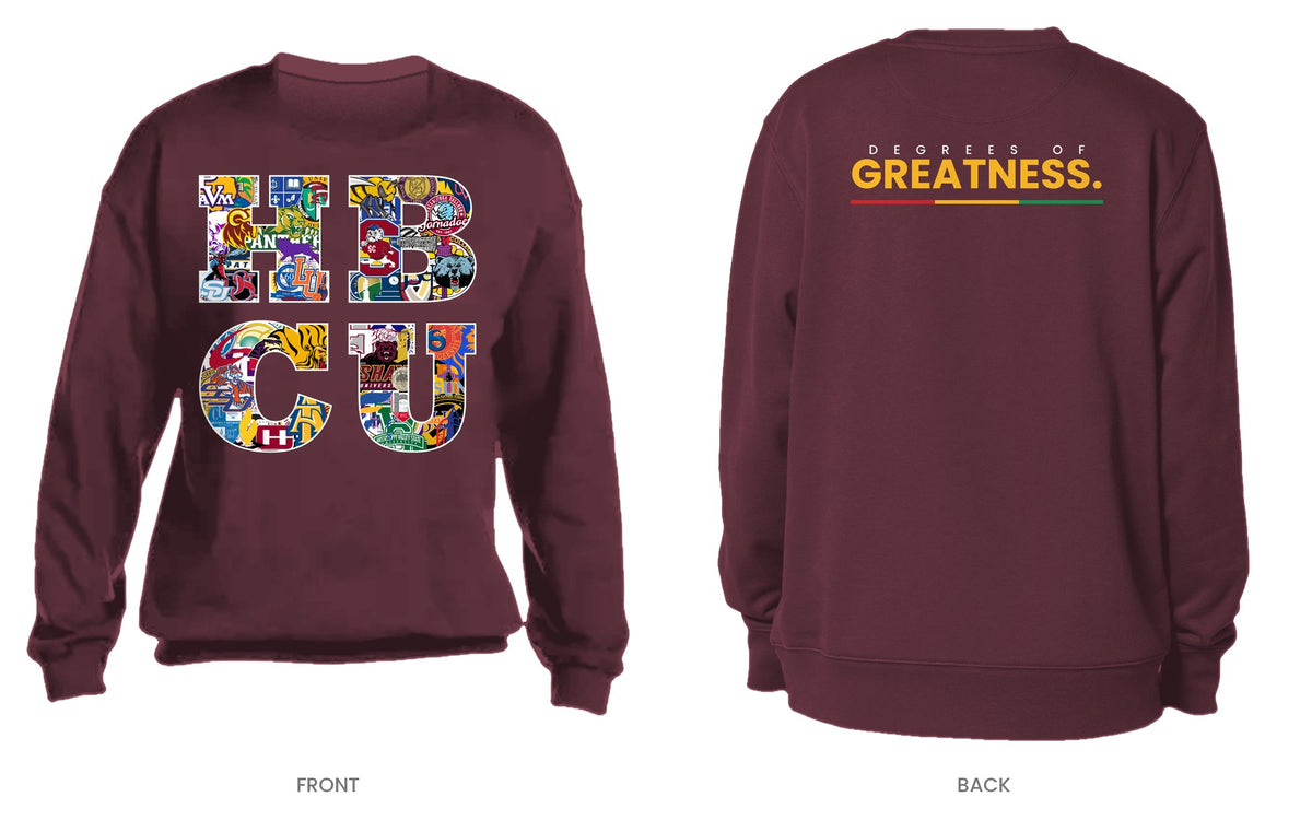 Maroon crew neck sweatshirt, front and back, design 4