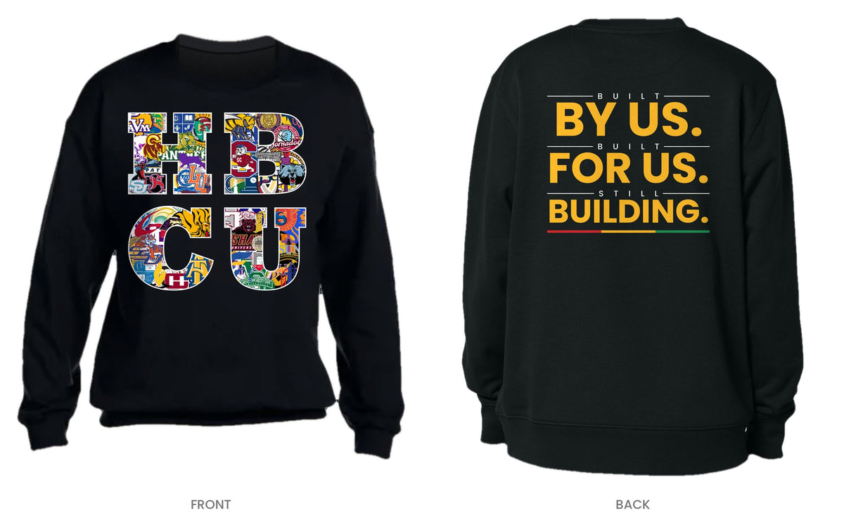 Black crew neck sweatshirt, front and back, design 5