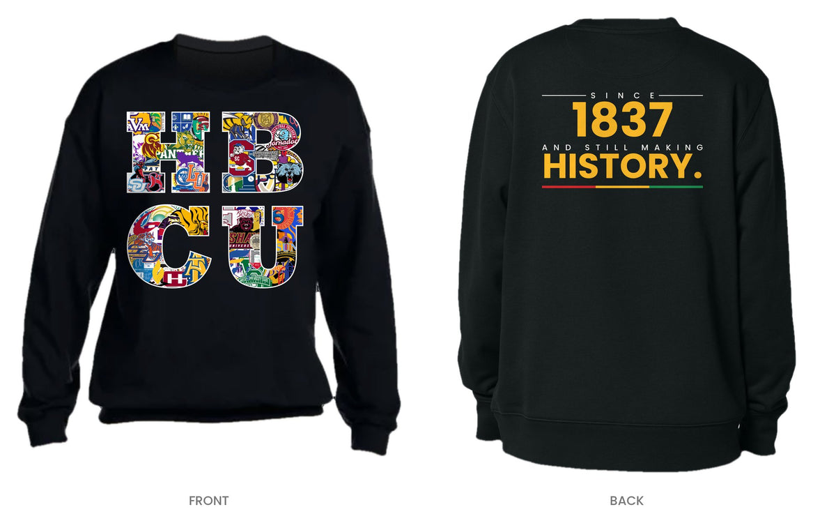Black crew neck sweatshirt, front and back, design 7