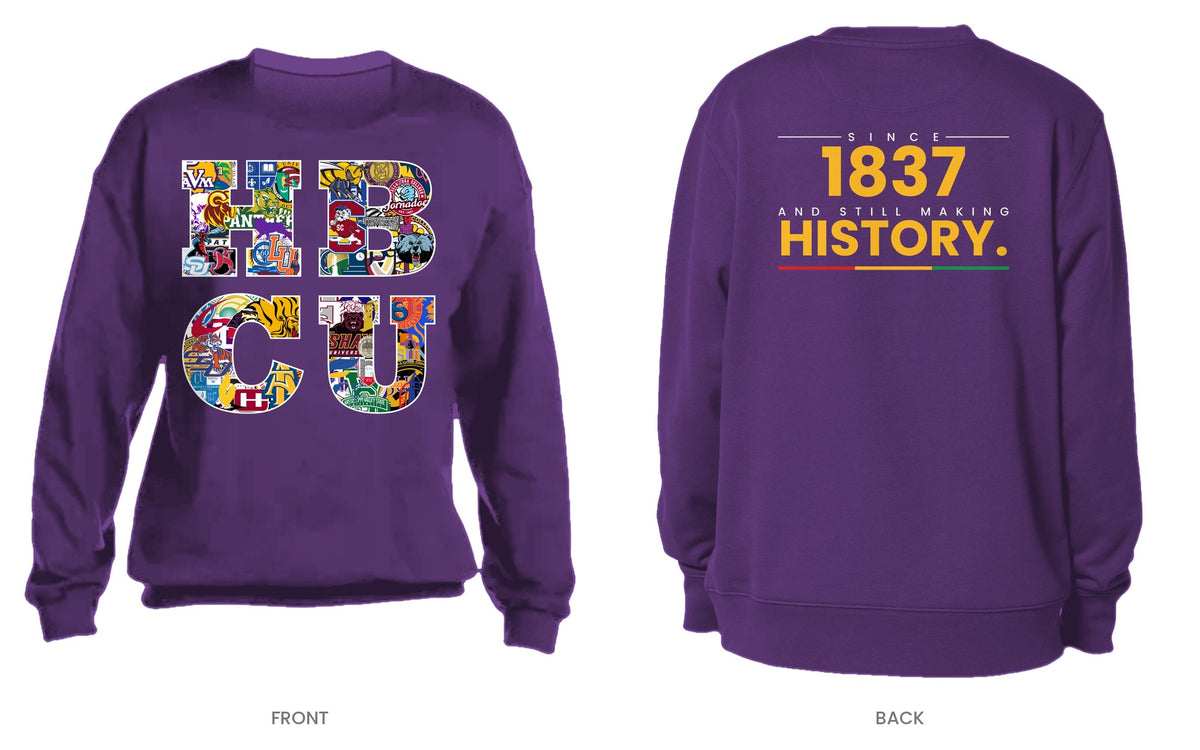 Purple crew neck sweatshirt, front and back, design 7