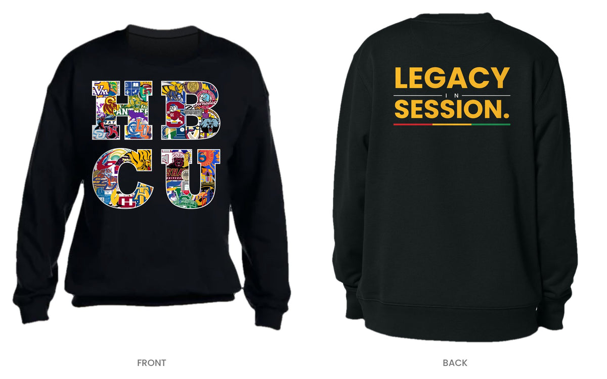 Black crew neck sweatshirt, front and back, design 8