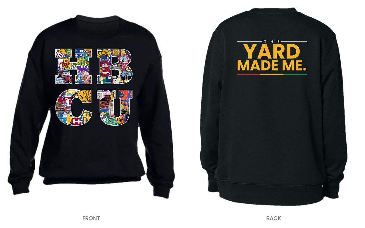 Black crew neck sweatshirt, front and back, design 10