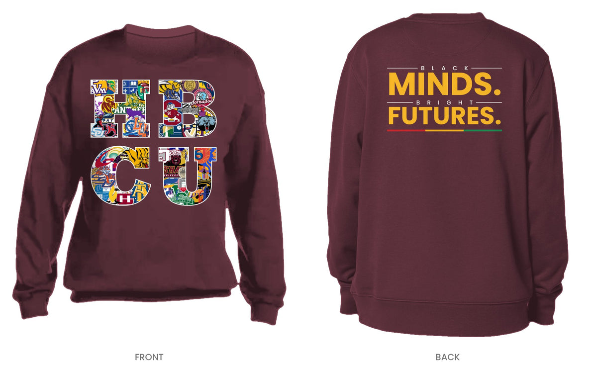 Maroon crew neck sweatshirt, front and back, design 11