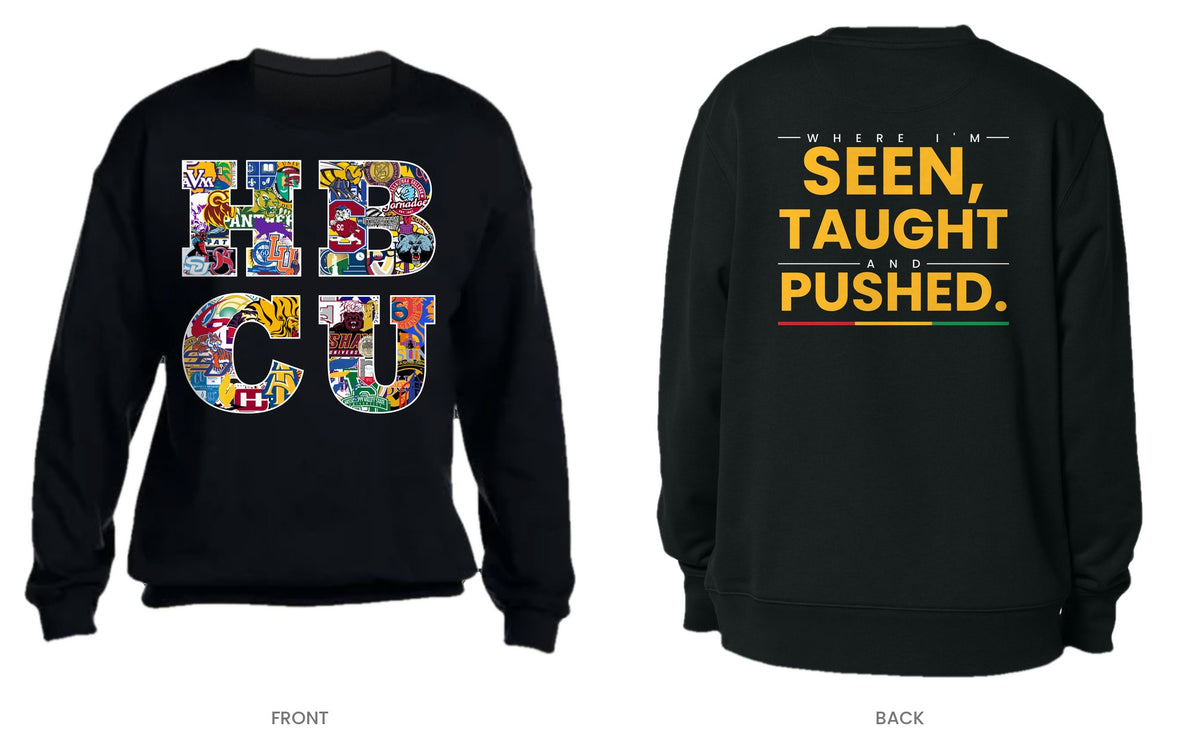 Black crew neck sweatshirt, front and back, design 12