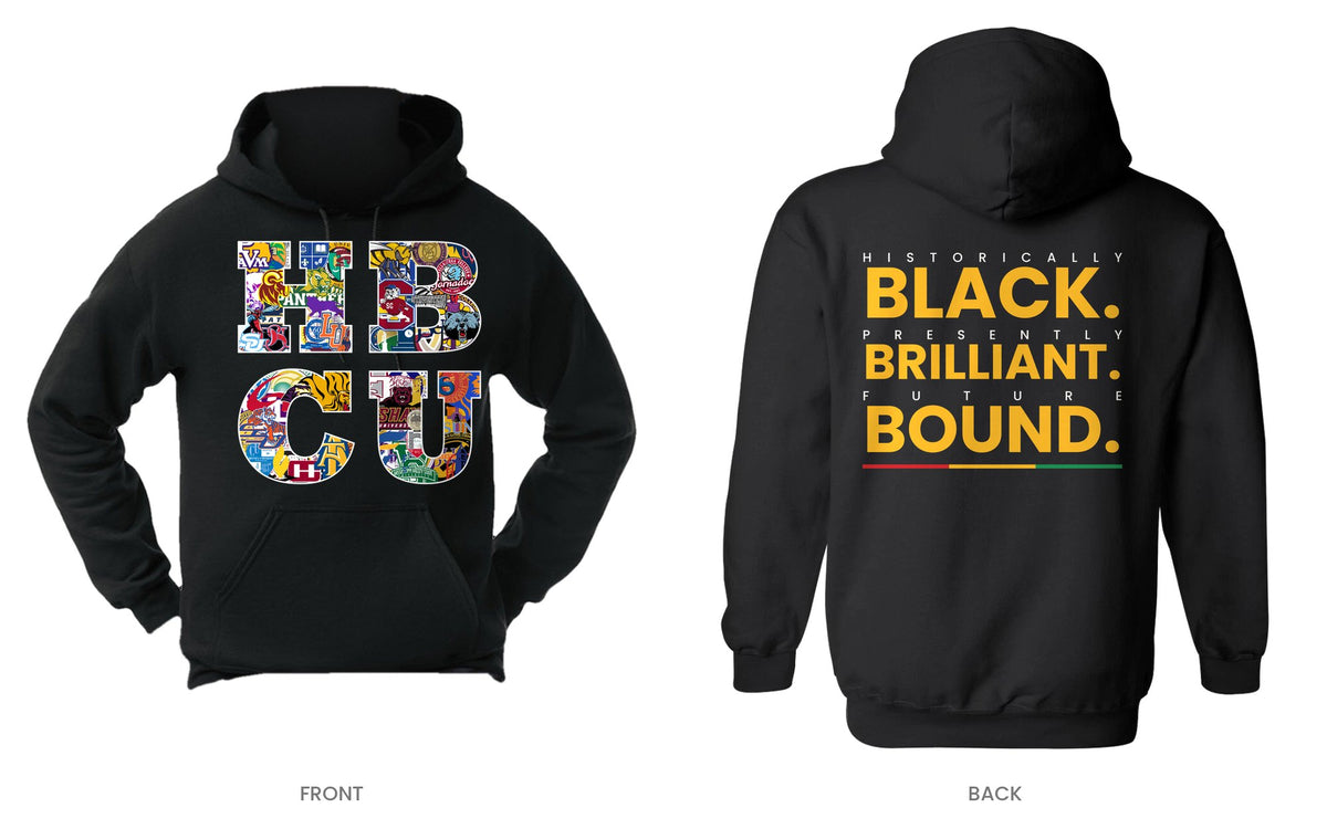 Black hooded sweatshirt, front and back, design 1