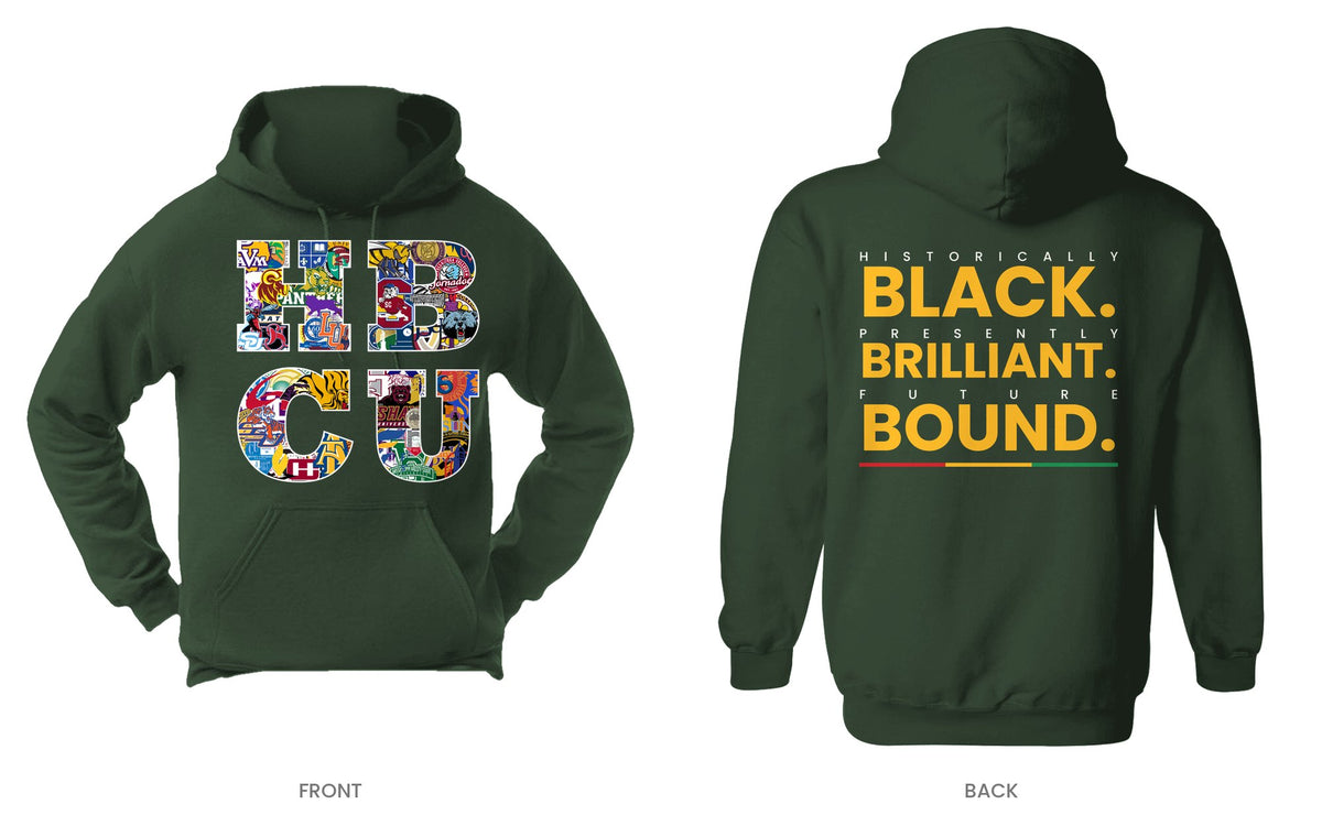 Forest Green hooded sweatshirt, front and back, design 1