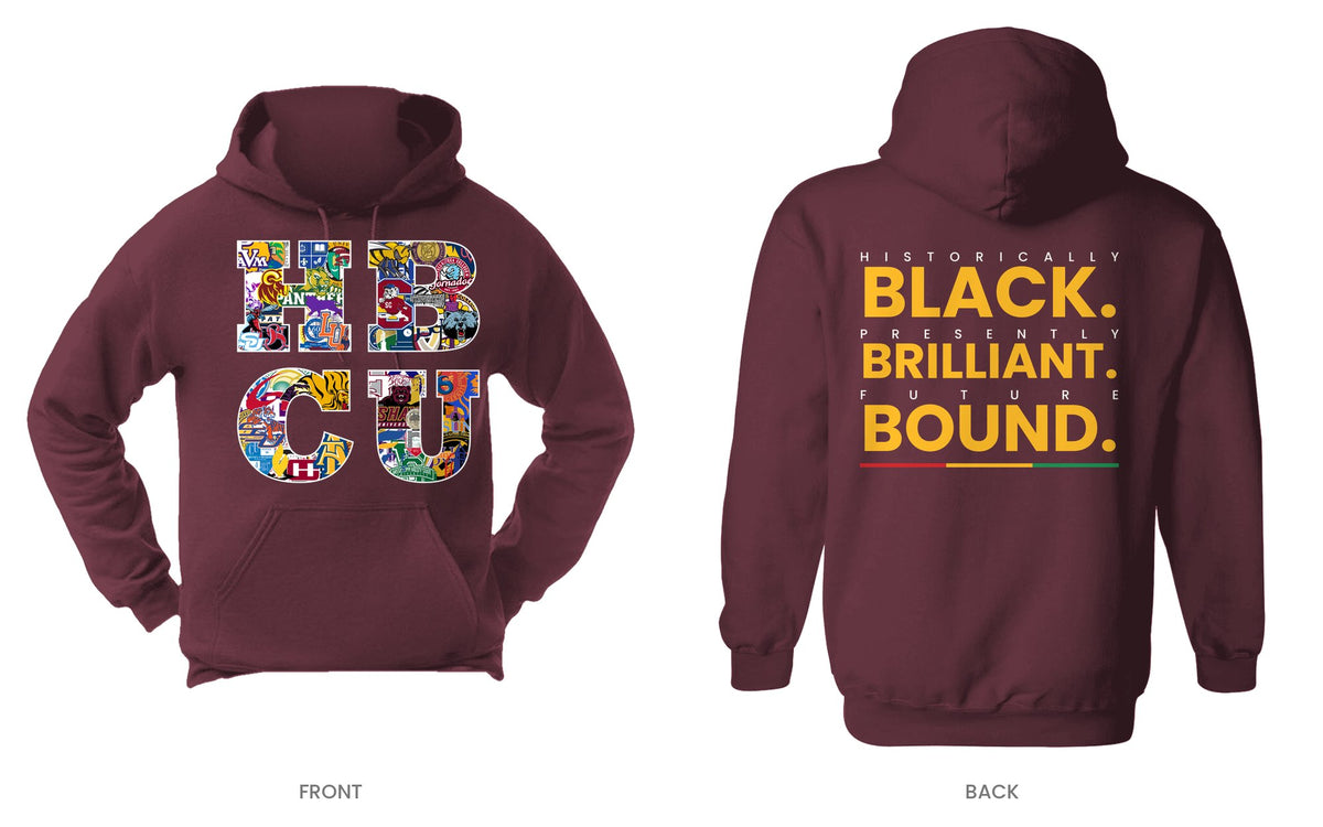 Maroon hooded sweatshirt, front and back, design 1