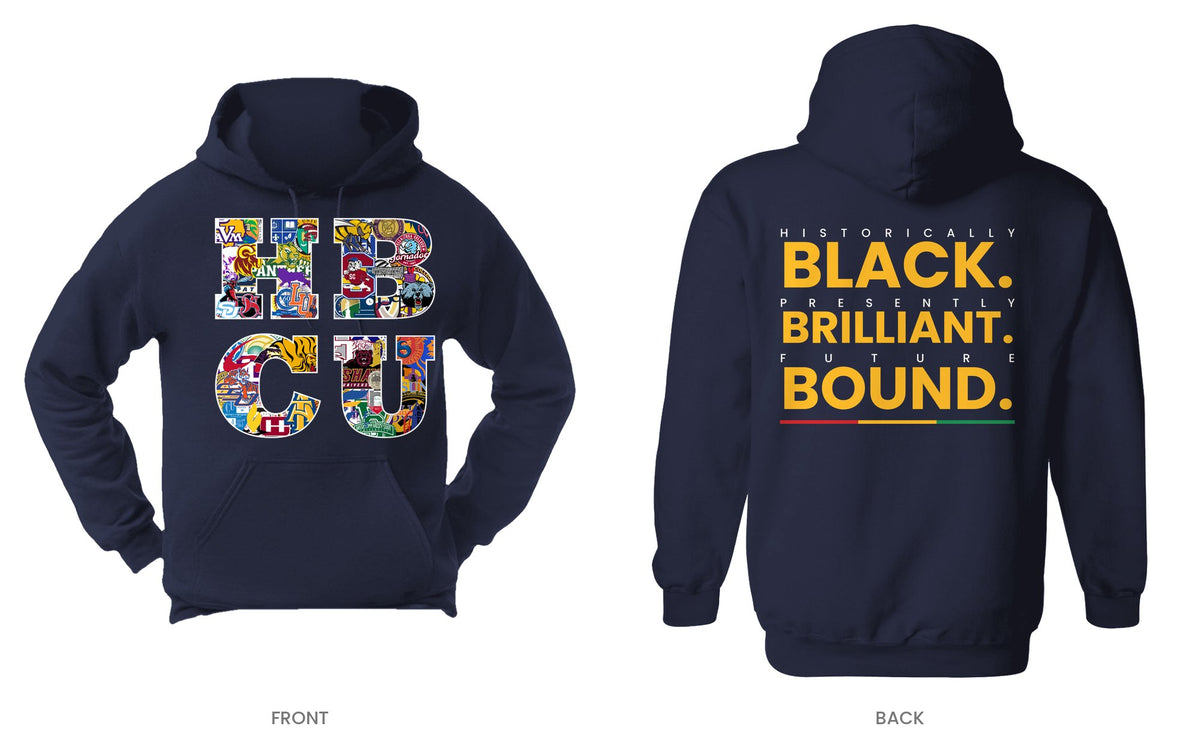 Navy hooded sweatshirt, front and back, design 1