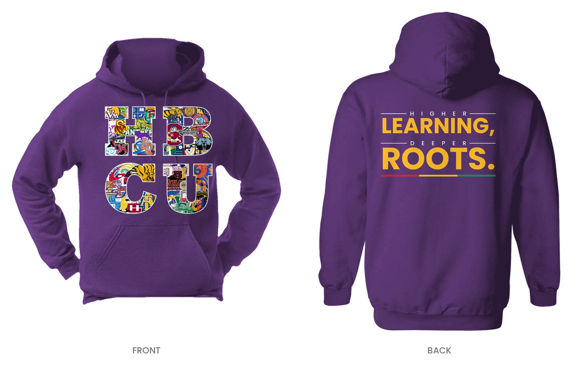 Purple hooded sweatshirt, front and back, design 2