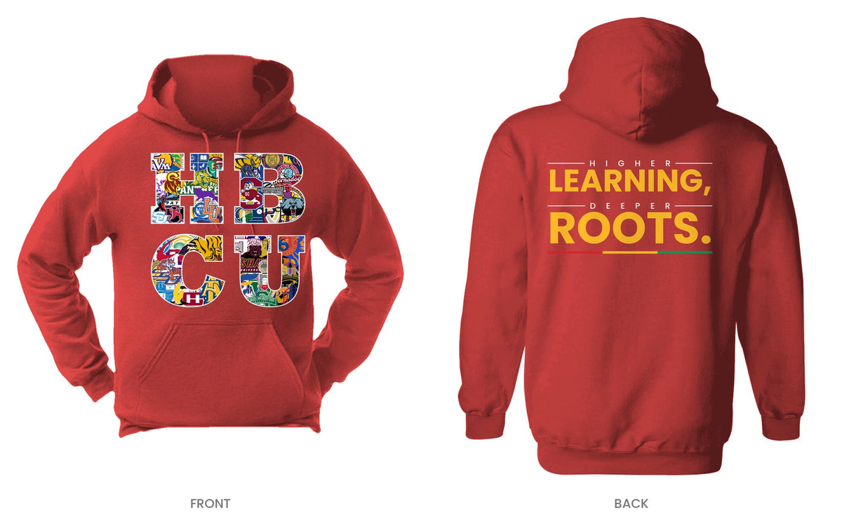 Red hooded sweatshirt, front and back, design 2
