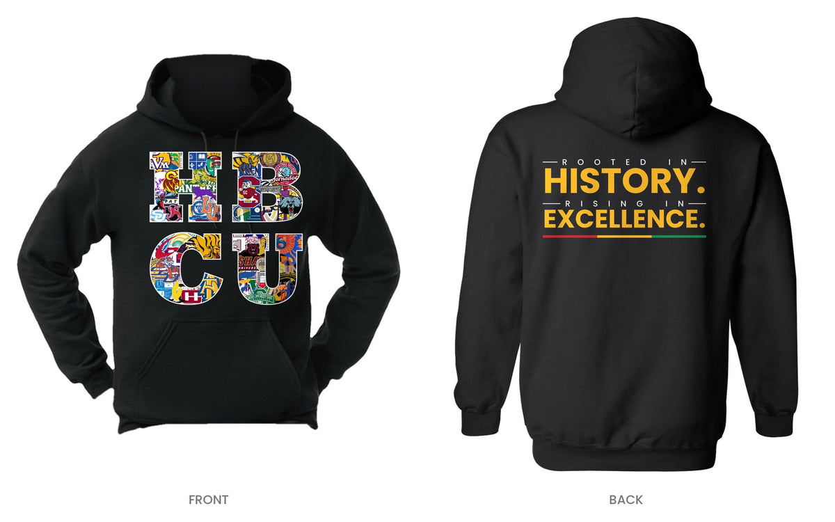 Black hooded sweatshirt, front and back, design 3