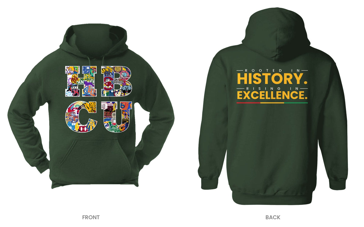 Forest Green hooded sweatshirt, front and back, design 3