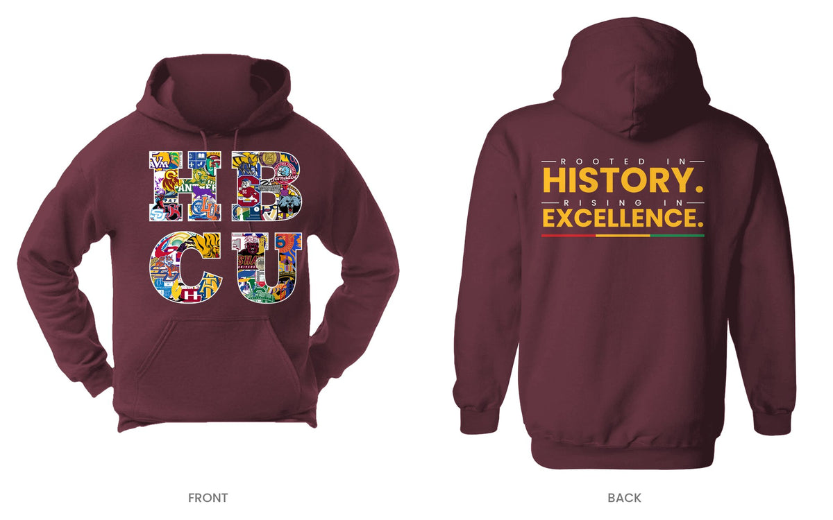 Maroon hooded sweatshirt, front and back, design 3