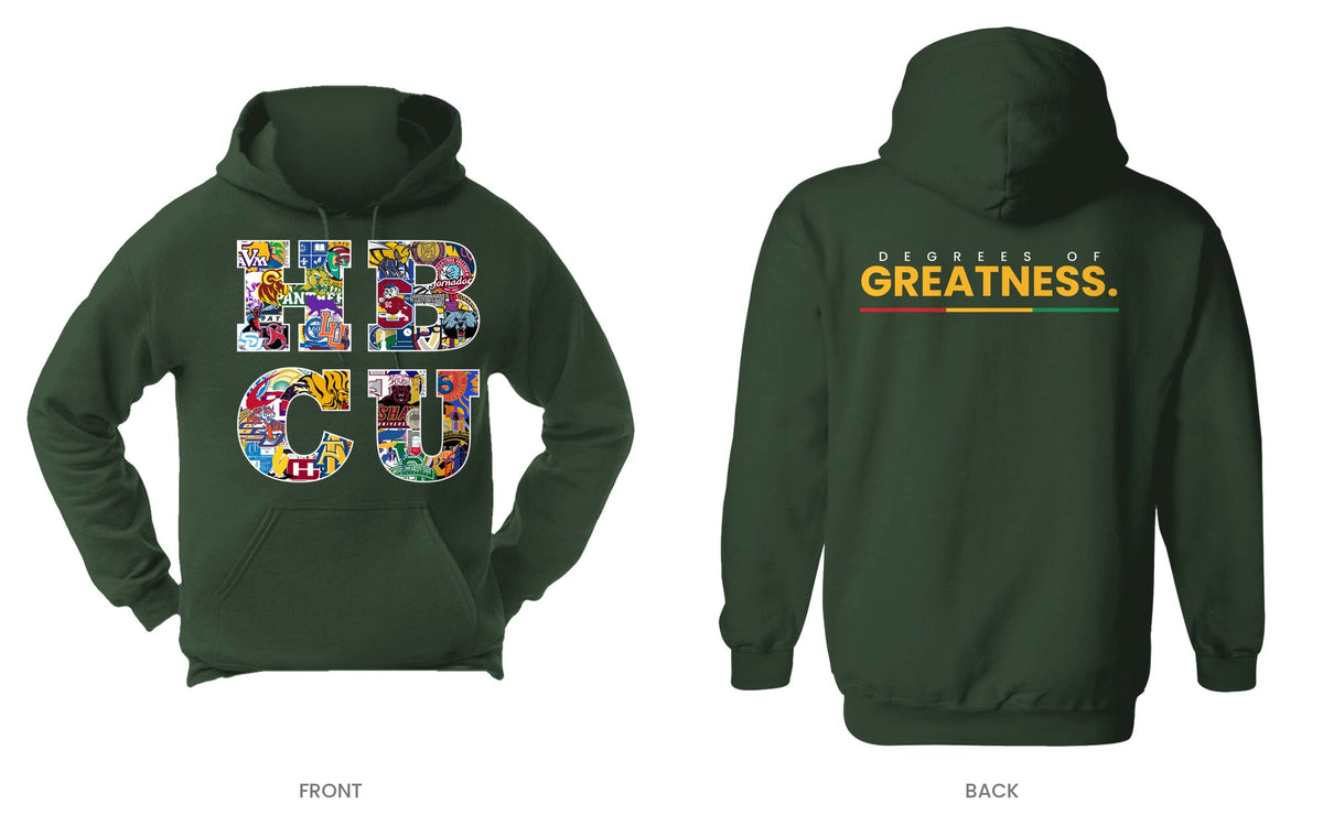 Forest Green hooded sweatshirt, front and back, design 4