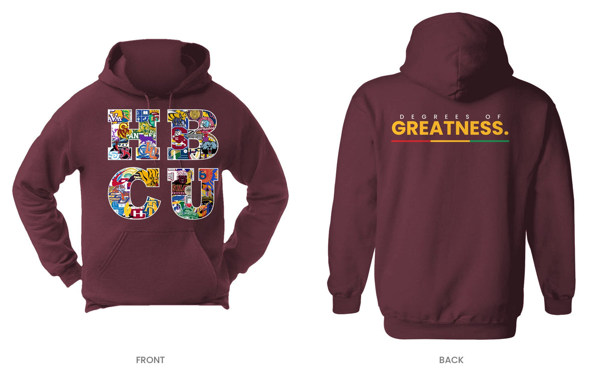 Maroon hooded sweatshirt, front and back, design 4