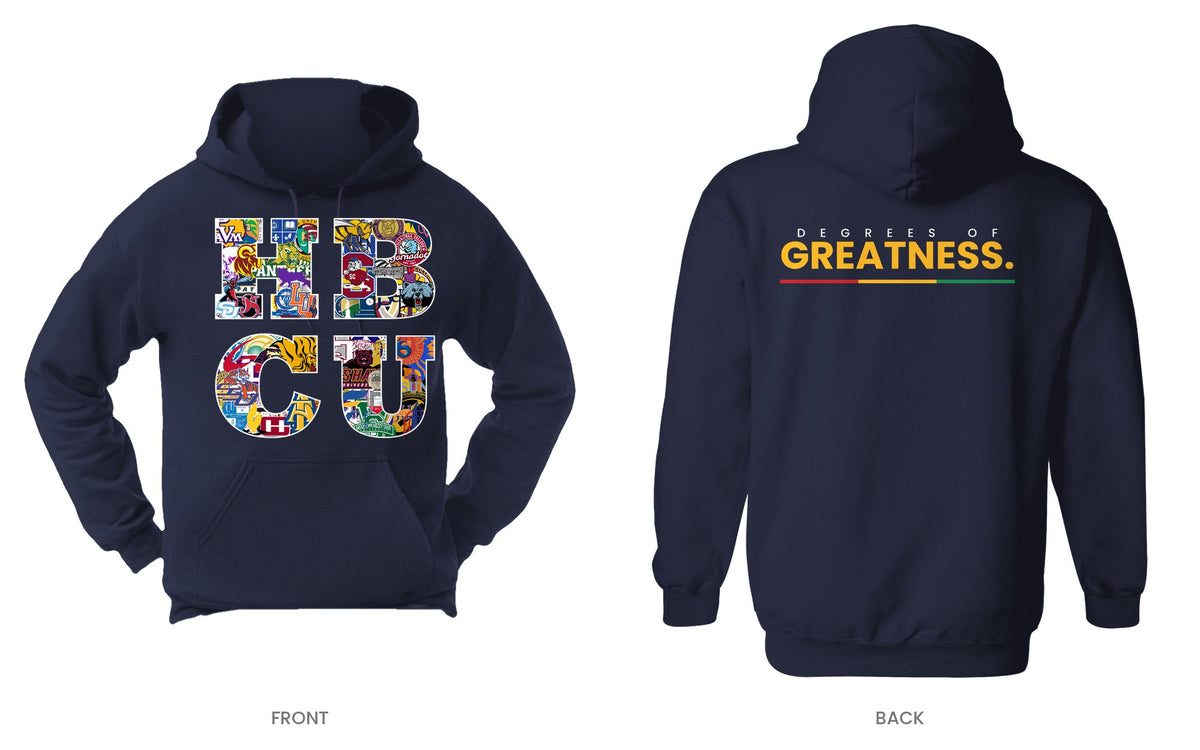 Navy hooded sweatshirt, front and back, design 4