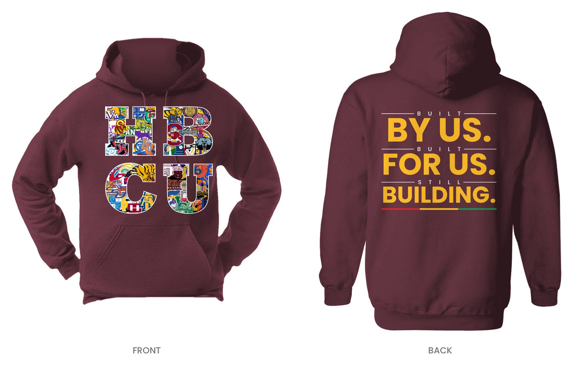 Maroon hooded sweatshirt, front and back, design 5