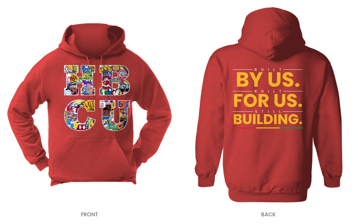 Red hooded sweatshirt, front and back, design 5