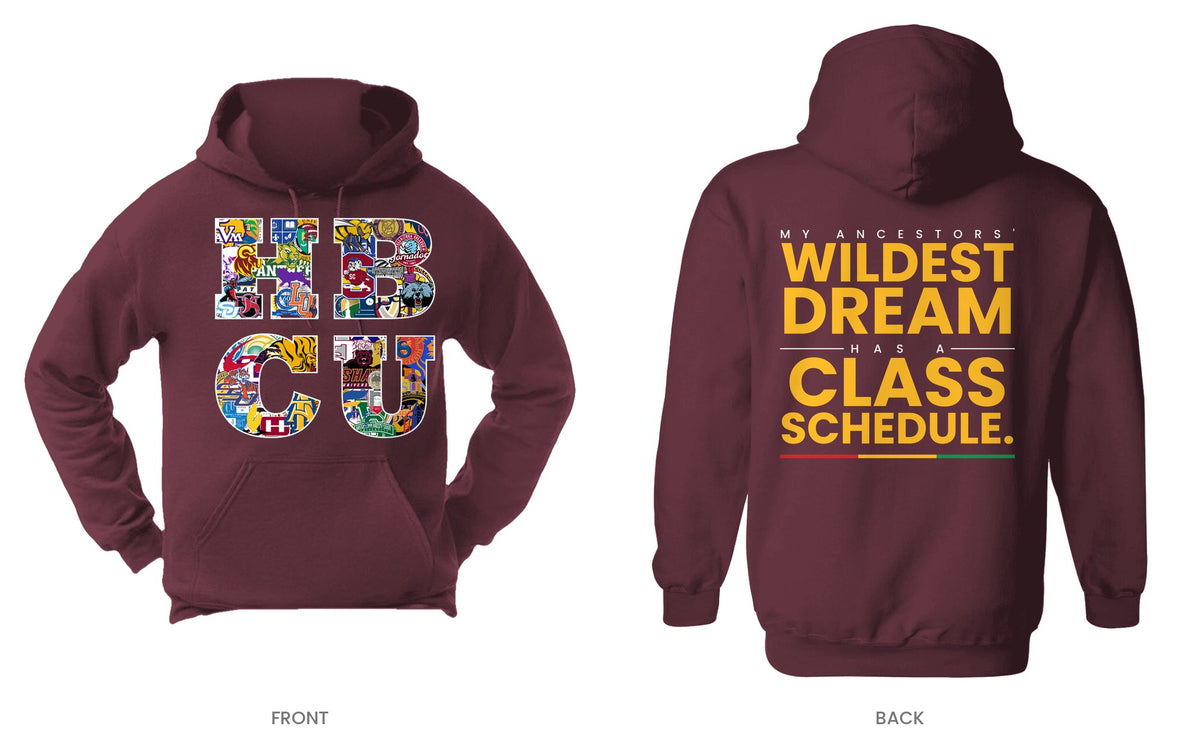 Maroon hooded sweatshirt, front and back, design 6