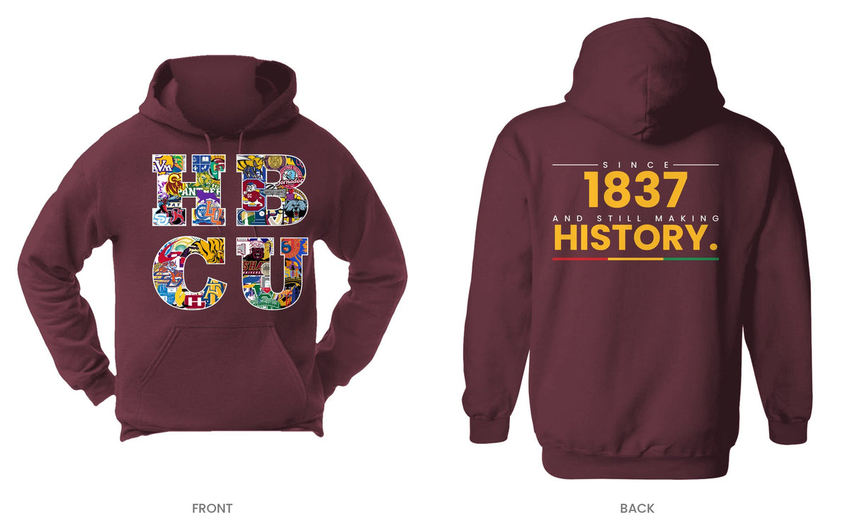 Maroon hooded sweatshirt, front and back, design 7