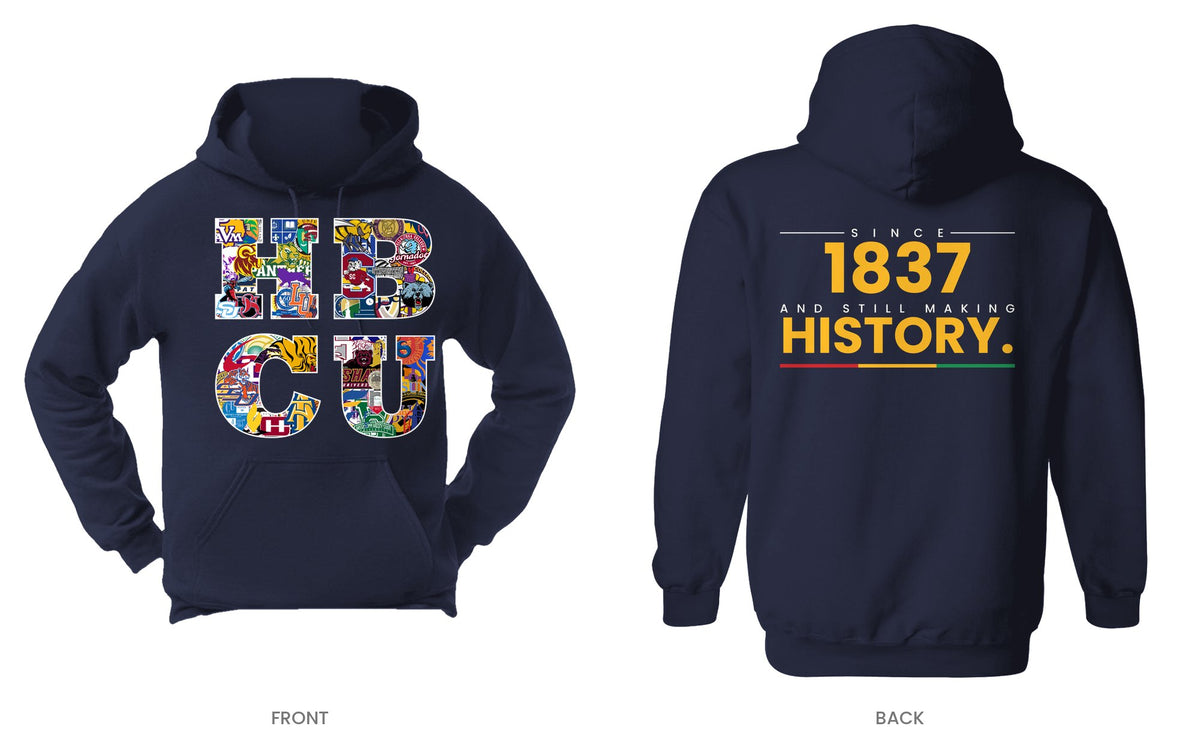 Navy hooded sweatshirt, front and back, design 7