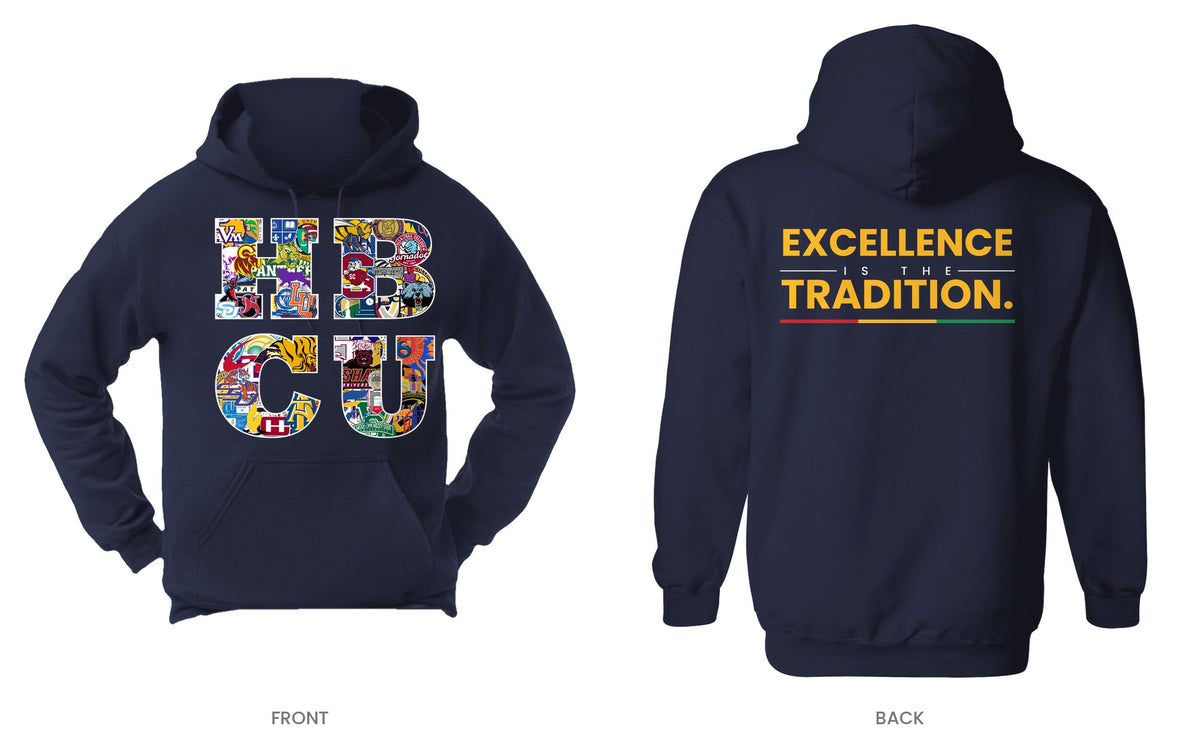 Navy hooded sweatshirt, front and back, design 9