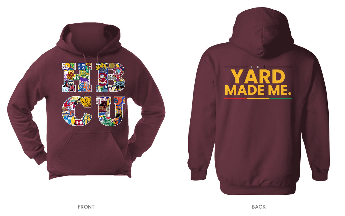 Maroon hooded sweatshirt, front and back, design 10