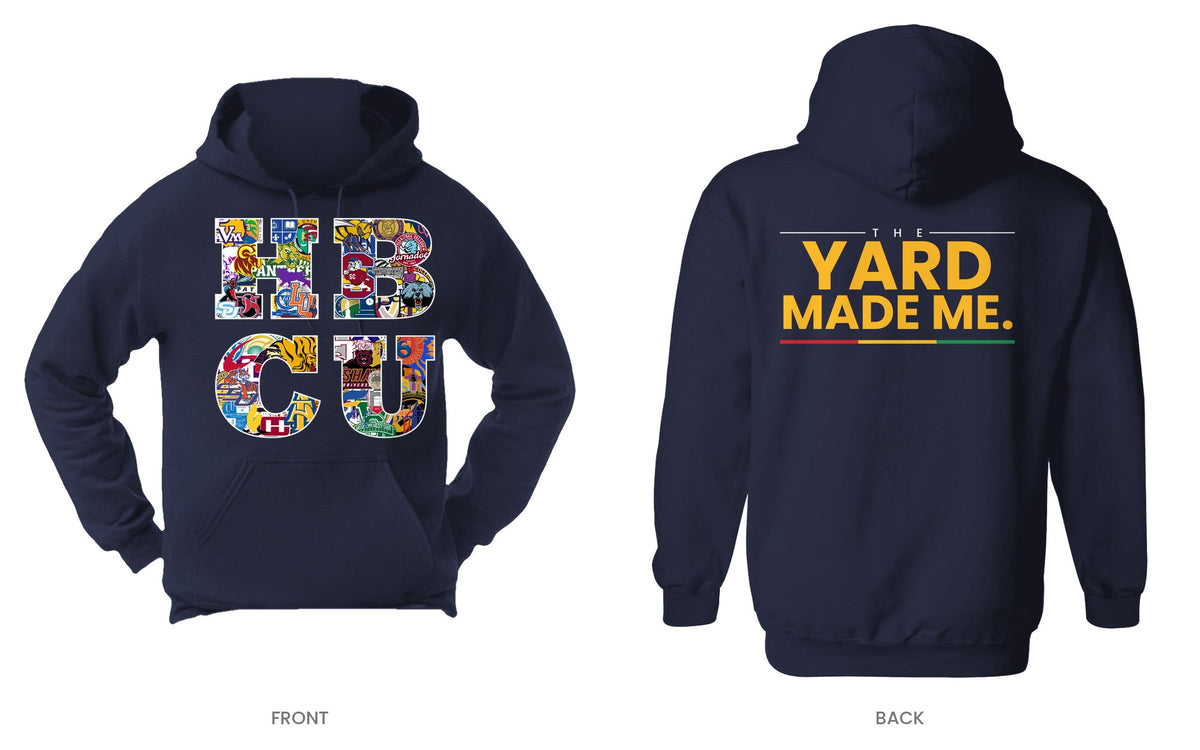 Navy hooded sweatshirt, front and back, design 10