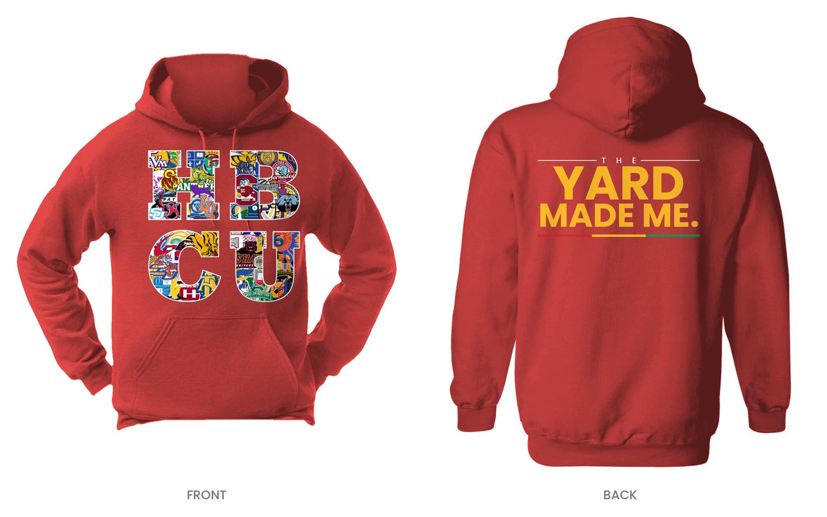 Red hooded sweatshirt, front and back, design 10