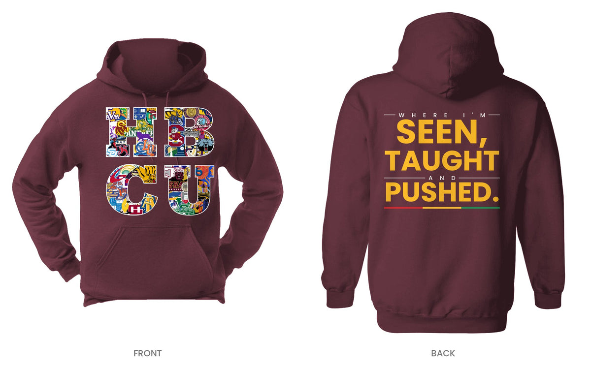 Maroon hooded sweatshirt, front and back, design 12