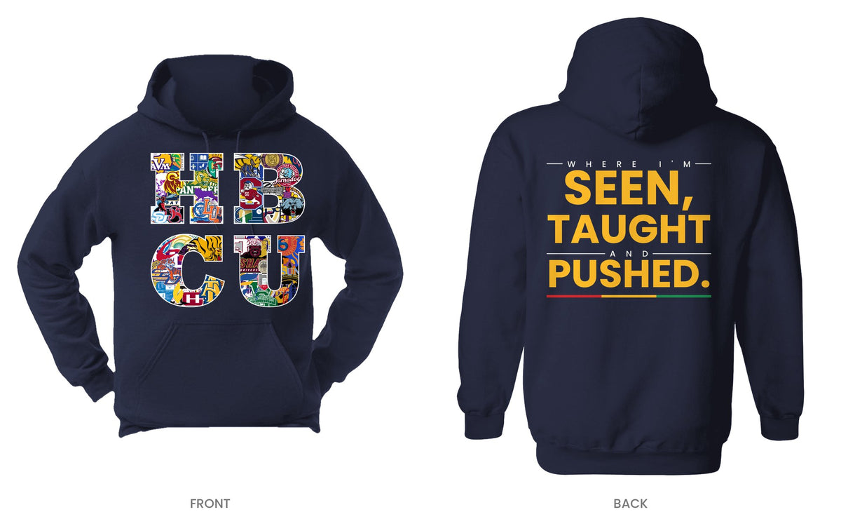 Navy hooded sweatshirt, front and back, design 12