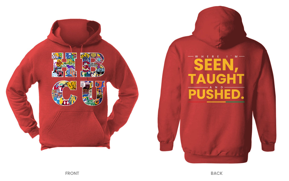 Red hooded sweatshirt, front and back, design 12