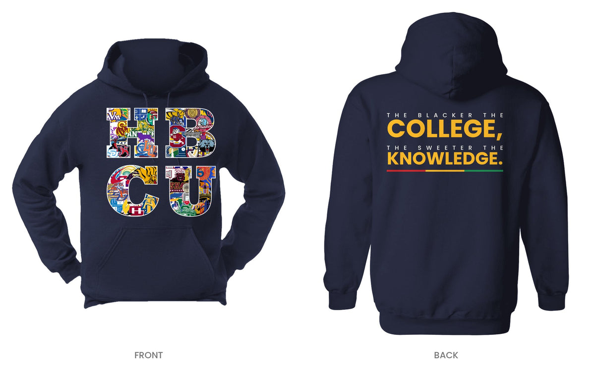 Navy hooded sweatshirt, front and back, design 13