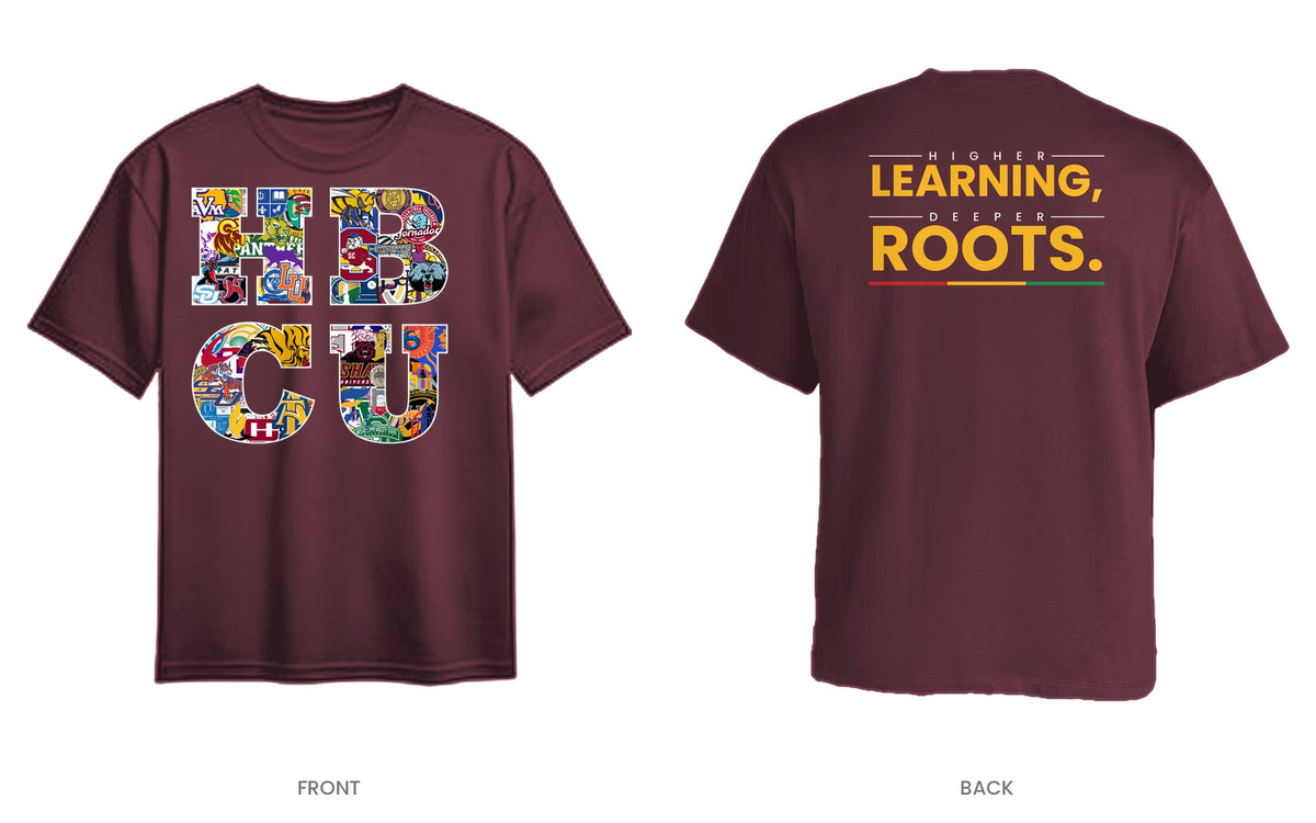 Maroon tee, front and back, design 2