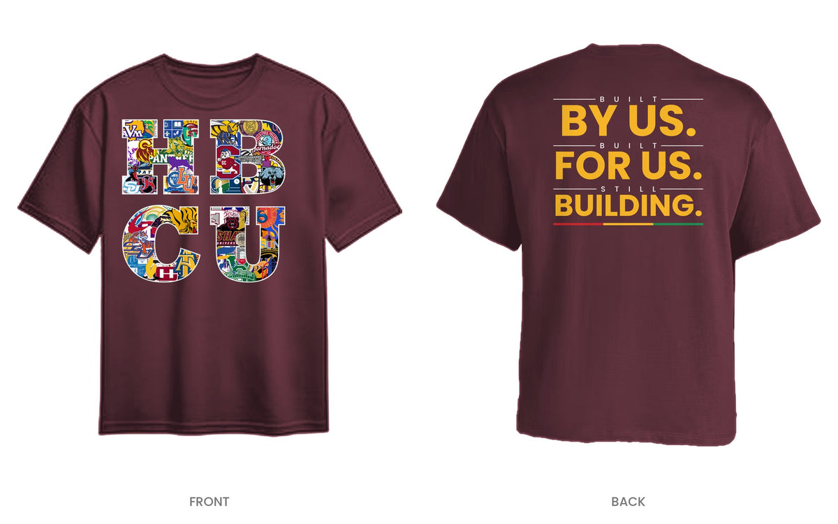 Maroon tee, front and back, design 5