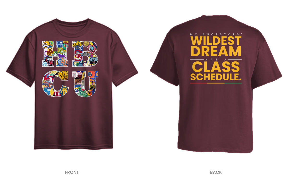 Maroon tee, front and back, design 6