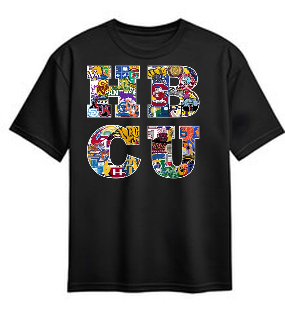 Front: HBCU collage lettering on a black tee