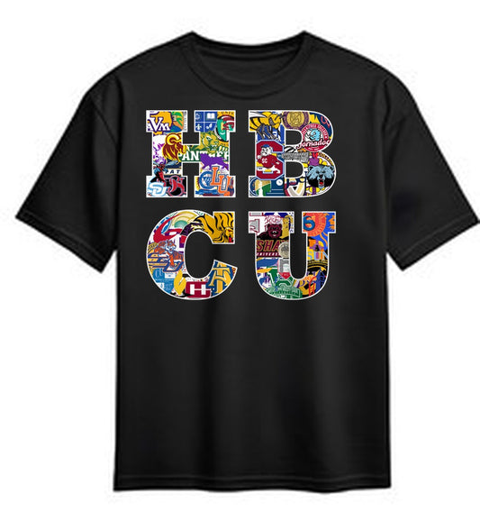 Front: HBCU collage lettering on a black tee